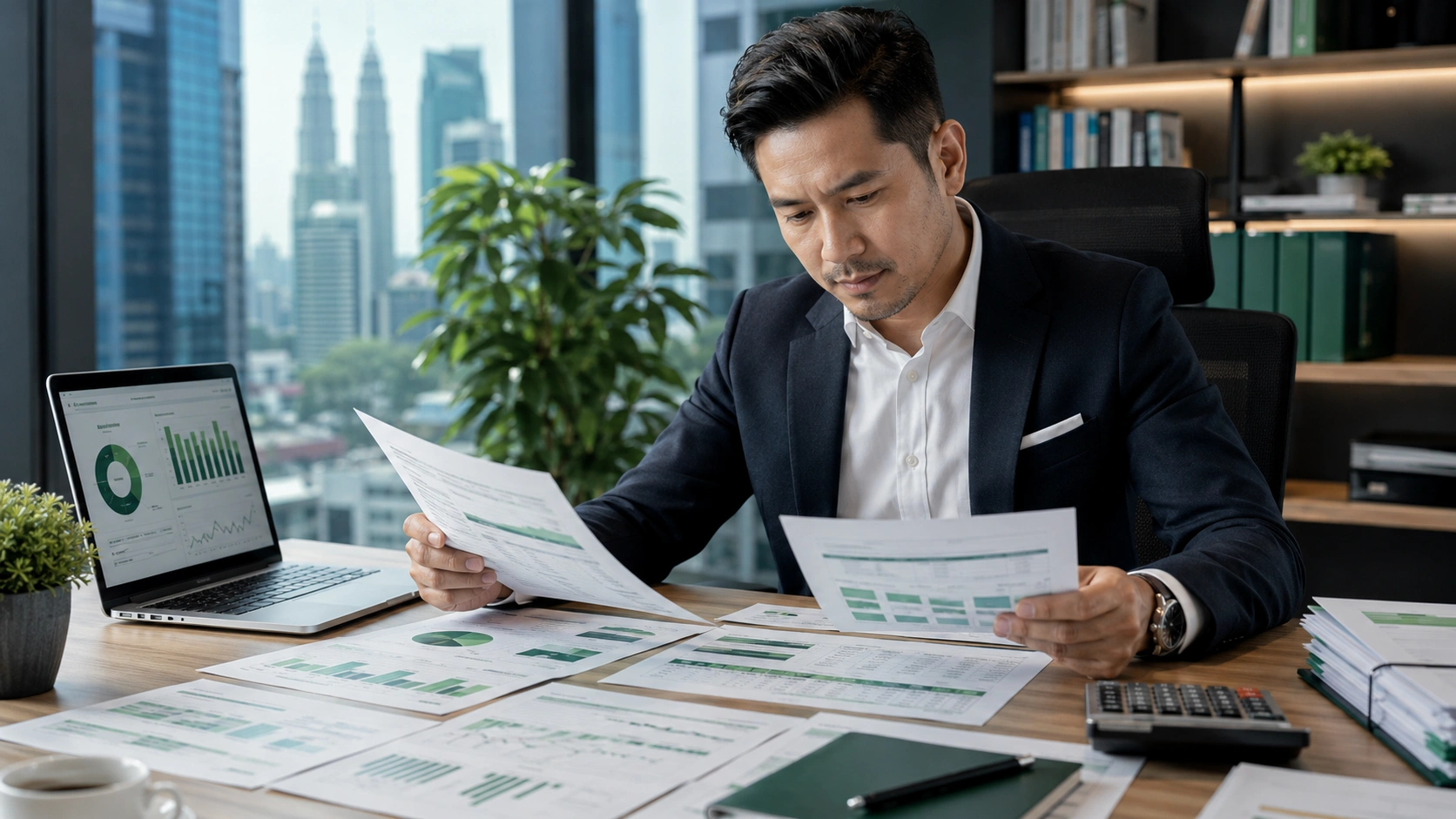 Malaysian SME owner reviewing six months of business bank statements and cash flow records